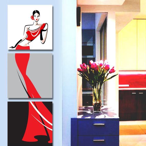 16 × 16 pulgadas × 3 paneles elegante dama en vestido rojo lienzo impreso colgante enmarcado impresiones de pared