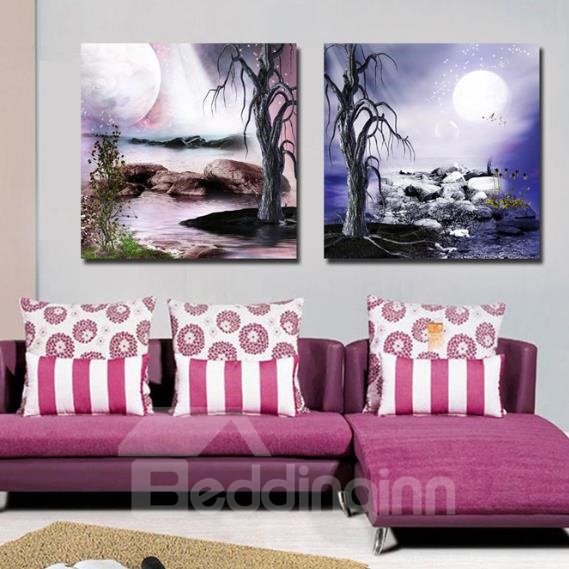 New Arrival Beautiful Old Trees and Moon Print 2-piece White Cross Film Wall Art Prints