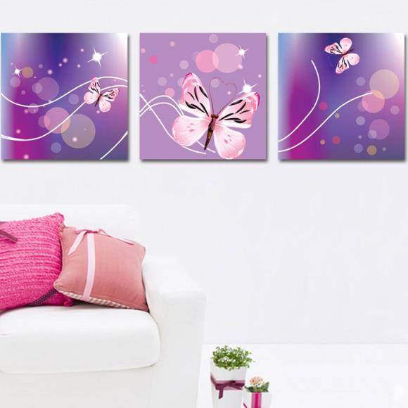 Impresiones de arte de pared de película cruzada de 3 piezas con estampado de mariposa rosa preciosa de nueva llegada 