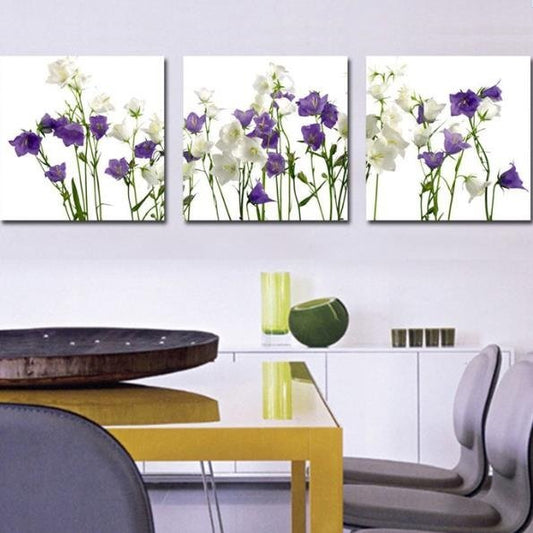 Nueva llegada, preciosas flores moradas y blancas, impresiones de arte de pared de película cruzada de 3 piezas 