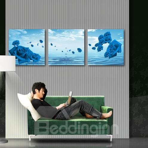 Nueva llegada, increíbles rosas azules y gotas de agua, impresiones de arte de pared de película cruzada de 3 piezas