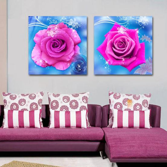 Nueva llegada, preciosas rosas rosadas, bordes azules, impresión de 2 piezas, película cruzada, impresiones artísticas de pared
