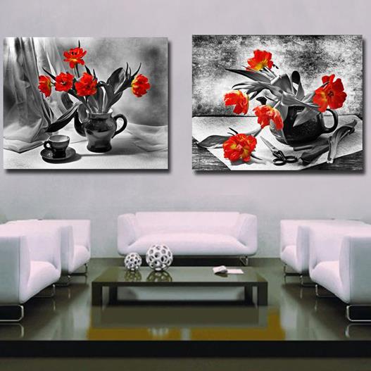New Arrival Elegant Orange Flowers in Vase Print 2-piece Cross Film Wall Art Prints