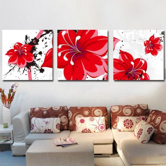 New Arrival Luxurious Big Red Flowers Print 3-piece Cross Film Wall Art Prints