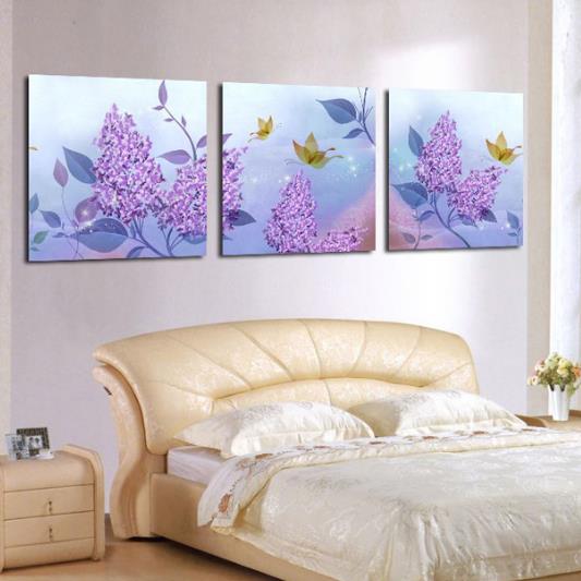 New Arrival Beautiful Purple Flowers and Leaves Print 3-piece Cross Film Wall Art Prints