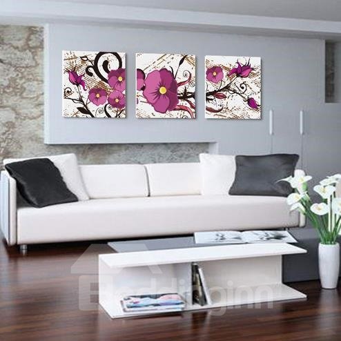 Nueva llegada preciosas flores púrpuras que pintan impresiones de arte de pared de película cruzada de 3 piezas 