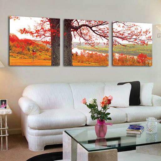 Impresión de hermoso árbol y hojas rojas doradas, impresiones artísticas de pared de película cruzada de 3 piezas
