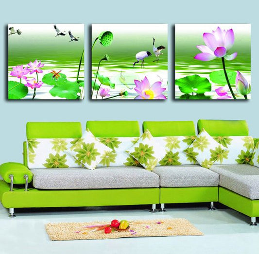 Pink Lotus and White Crane in Green River 3-piece Cross Film Wall Art Prints