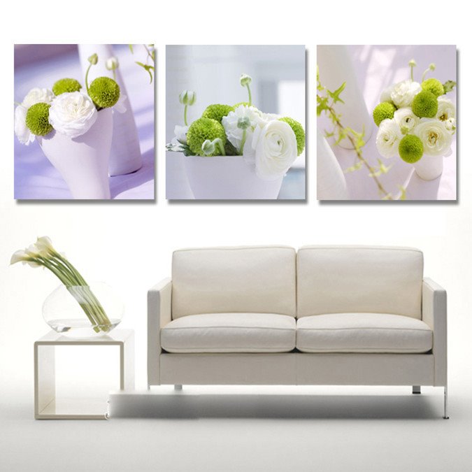 Nueva llegada flores blancas y verdes en las tazas impresiones artísticas de pared de película cruzada