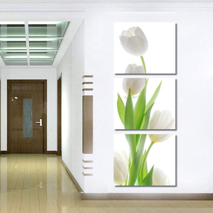 16¡Á16in¡Á3 Panels White Tulip Hanging Canvas Waterproof and Eco-friendly Framed Prints