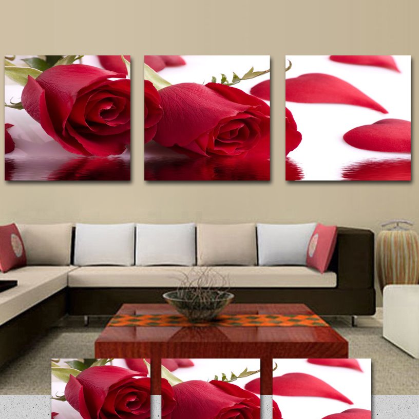 16¡Á16in¡Á3 Panels Delicate Red Roses Cross Film Art Wall Prints