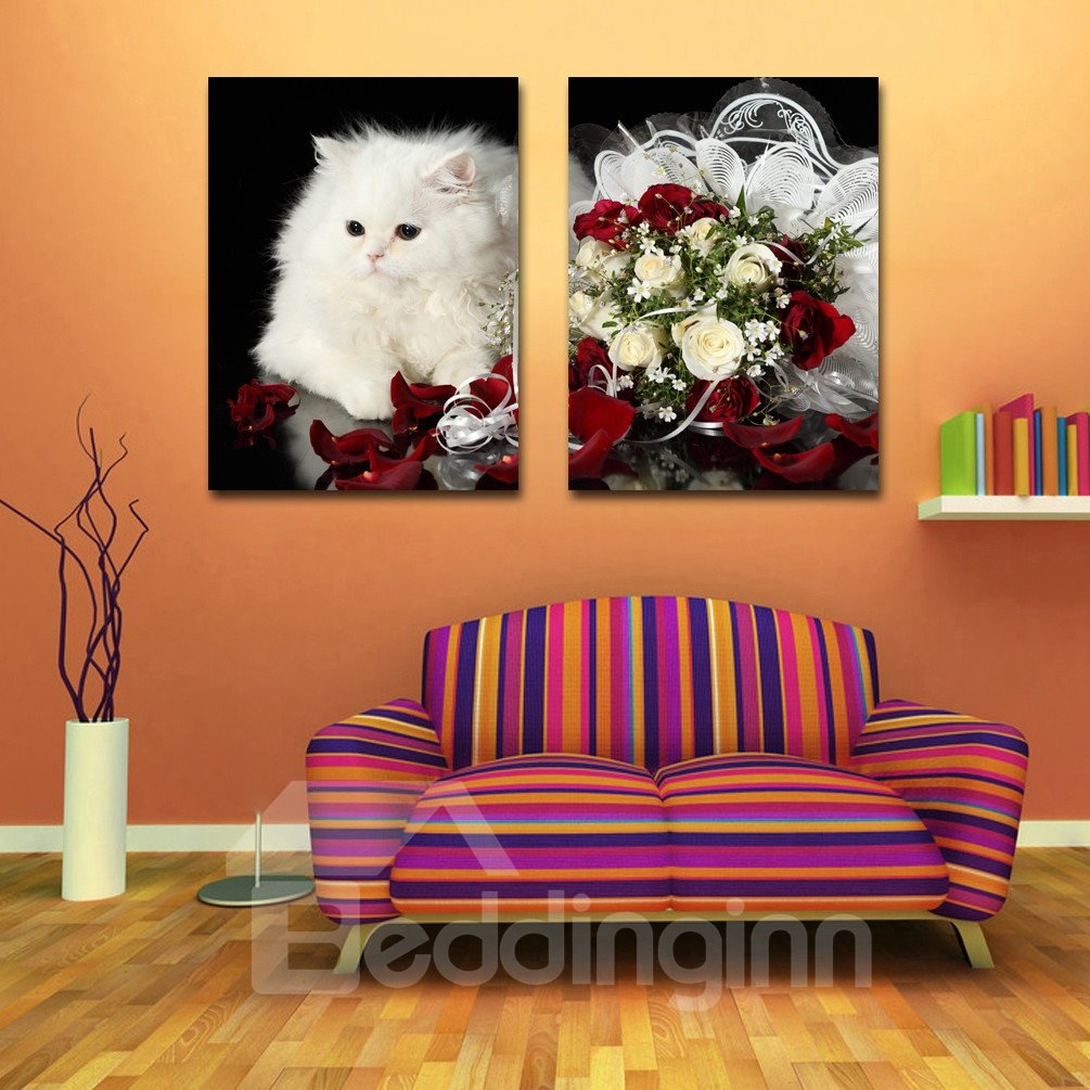 Nueva llegada precioso gato blanco y un montón de rosas película arte impresiones de pared 