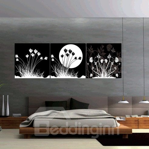 Schwarze dekorative Leinwand-Kunstdrucke mit weißen Blumen und Sonne 