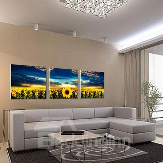 3-teilige gerahmte Wandkunstdrucke auf Leinwand mit eleganten Sonnenblumen und blauem Himmel 