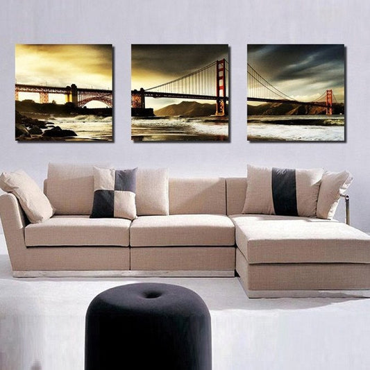 16 × 16 pulgadas × 3 paneles Puente Golden Gate en lienzo colgante al atardecer Impresiones enmarcadas ecológicas impermeables