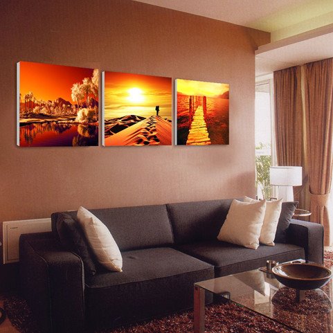 16 × 16 pulgadas × 3 paneles Árboles del desierto Mar al atardecer Lienzo colgante Impresiones enmarcadas impermeables y ecológicas