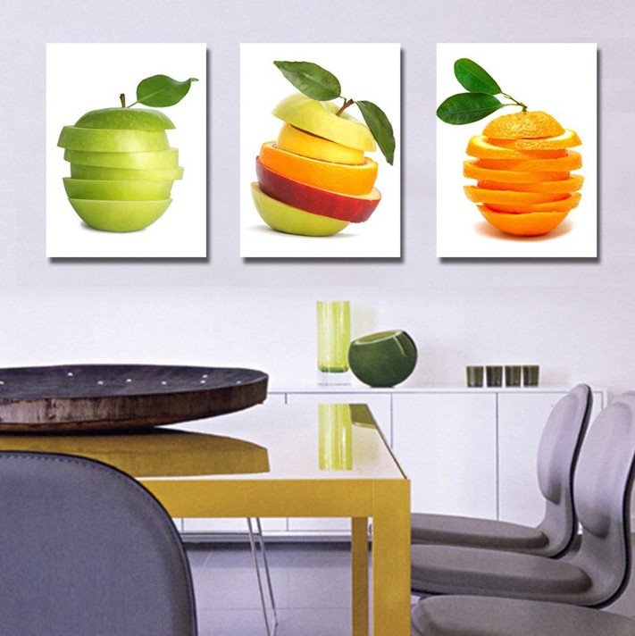 Neu eingetroffene Leinwand-Wanddrucke mit Apfel- und Orangenchips 