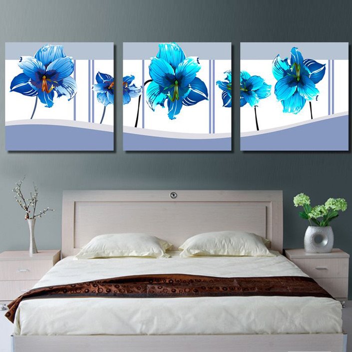 16¡Á16in¡Á3 Panels White Background with Blue Flowers Hanging Canvas Waterproof Eco-friendly Framed Prints