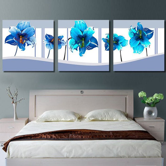16 × 16 pulgadas × 3 paneles Fondo blanco con flores azules Lienzo colgante Impresiones enmarcadas ecológicas impermeables