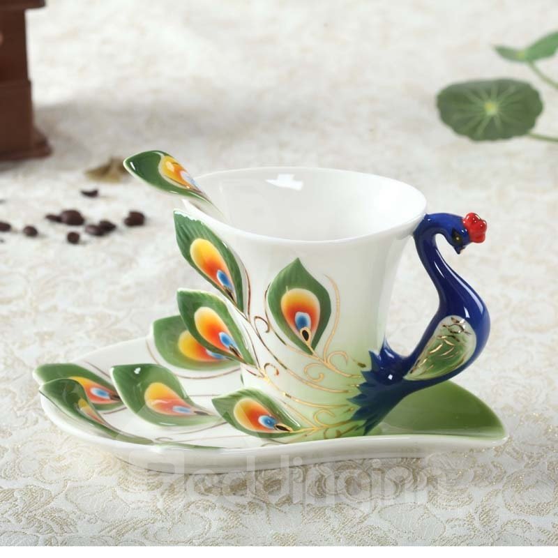 Elegantes juegos de tazas de café esmaltadas de porcelana de pavo real