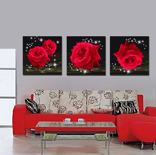 Splendid and Delicay Shiny Red Roses 16*16 in 3 Panel Framed Art Prints