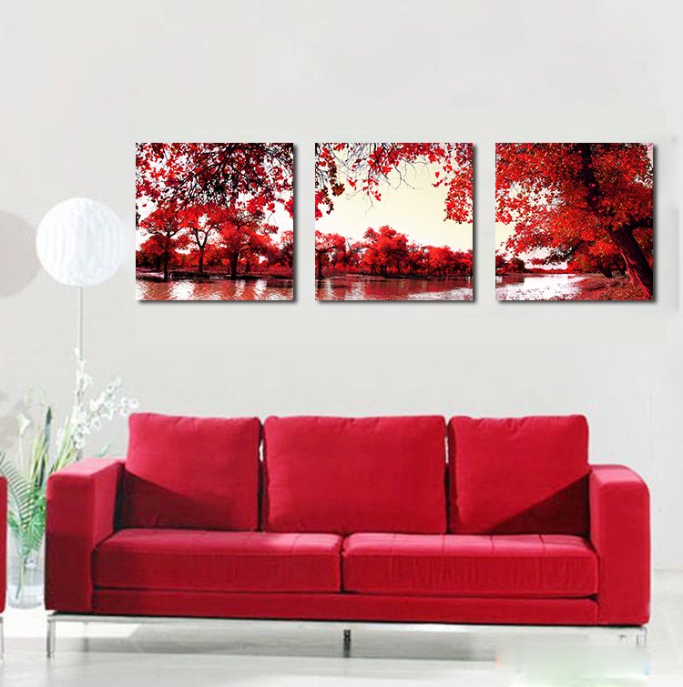 16¡Á16in¡Á3 Panels Red Leaves and Lake Hanging Canvas Waterproof and Eco-friendly Framed Prints
