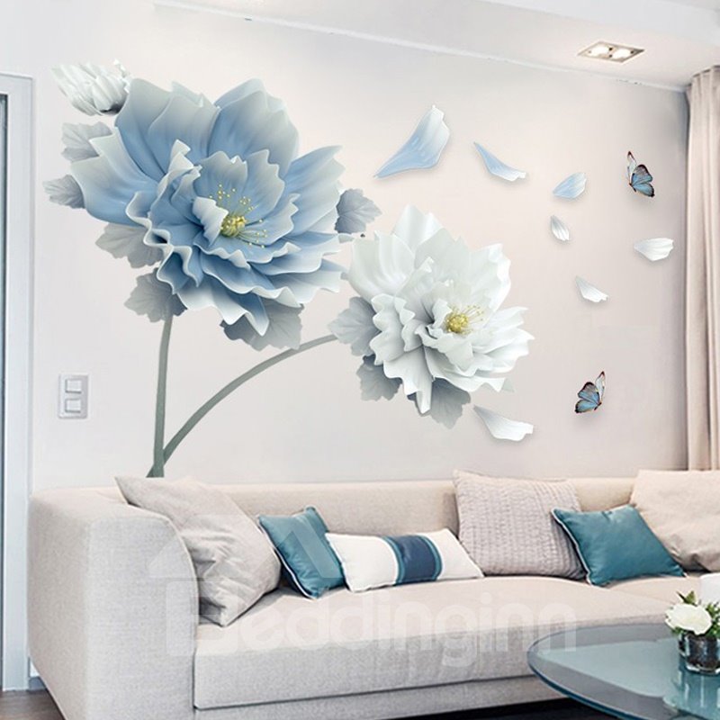 DIY Reusable Blue and White Flower Pattern Wall Stickers for Living Room Bedroom