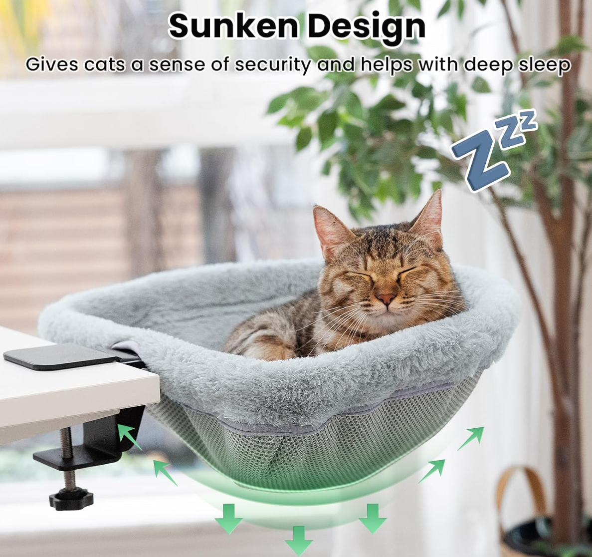 JUNSPOW Cat Desk Bed - One-Click Folding,Sunken Design & Space-Saving Semi-Circular Cat Bed, Soft Faux Rabbit Fur Material, Suitable for Various Desktops-Maximum Hold Up to 40lb