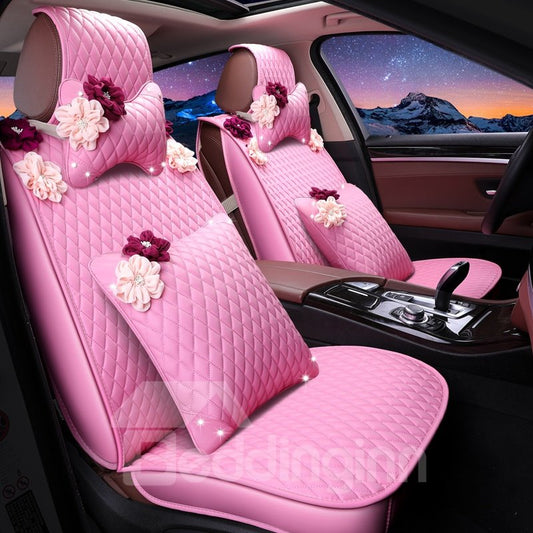 Preciosa funda de asiento de coche universal rentable de cuero rosa con flores blancas 