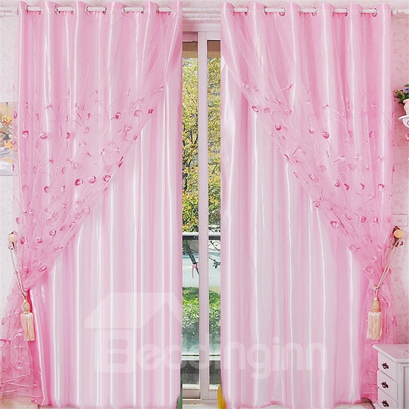 Blackout Polyester Embroidered Dandelions Modern Style 2 Panels Grommet top Curtain Set