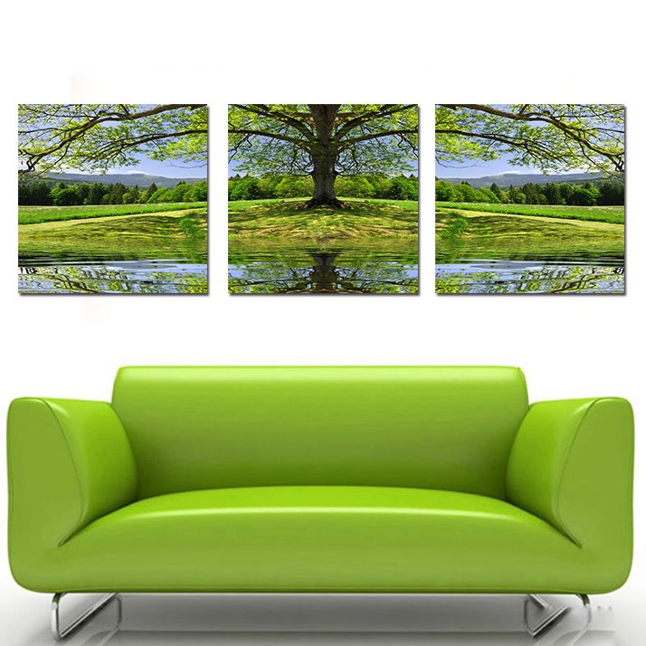 Hierba verde y árbol, 3 piezas de película de cristal, impresión artística para pared