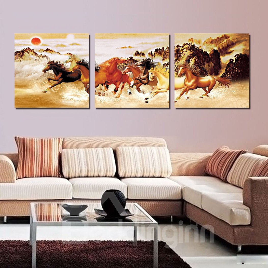 New Running Horse 3-Pieces of Crystal Film Modern Art Wall Print