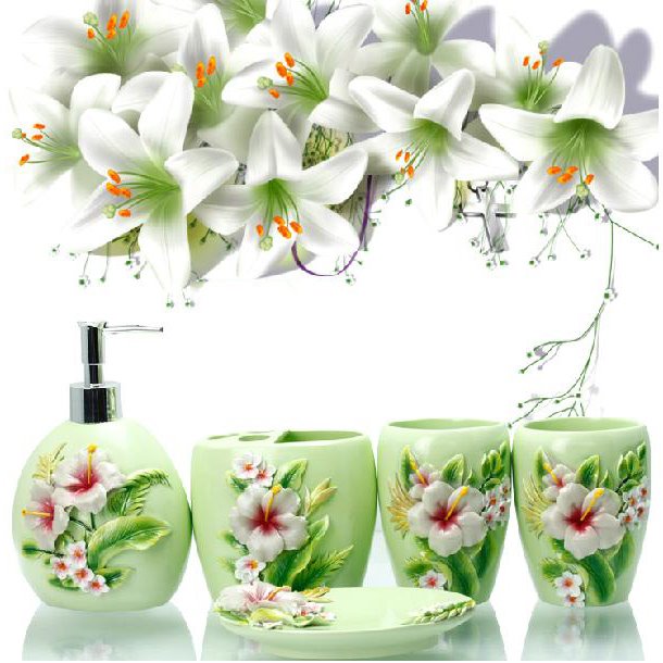Fancy Graceful Lily Pattern 5-Pieces Bathroom Accessories