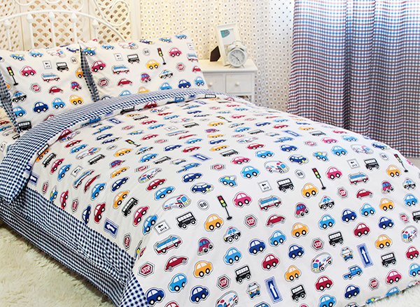 3-teilige Baumwoll-Bettbezug-Sets mit Aufdruck „Alle Arten von Spielzeugautos“.