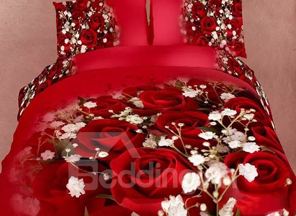 Luxuriant Red Rose and White Hydrangeas Print 4-Piece Cotton Duvet Cover Sets