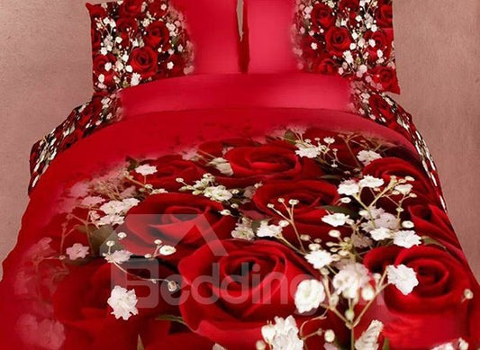 Luxuriant Red Rose and White Hydrangeas Print 4-Piece Cotton Duvet Cover Sets