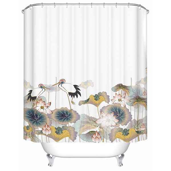 Chinoiserie Graceful Lotus Red-crowned Crane Shower Curtain