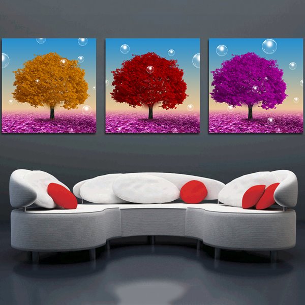 Nuevo Impresión de pared artística de película de cristal de 3 piezas de árboles coloridos clásicos 