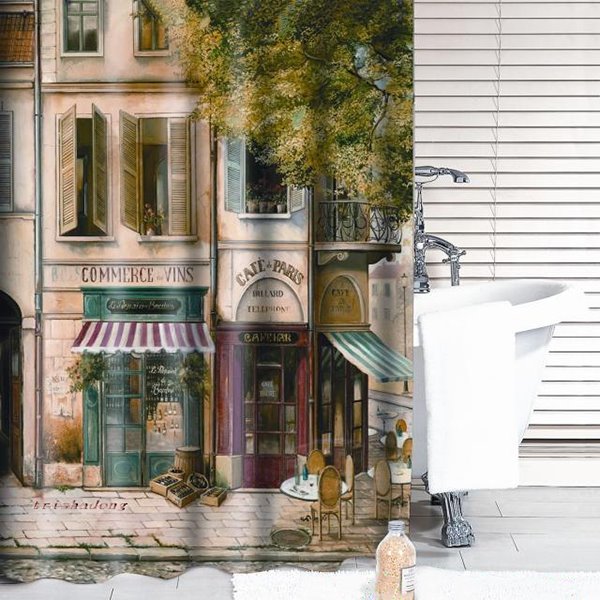 Cortina de ducha de poliéster gruesa con estampado de casa de café clásico vintage