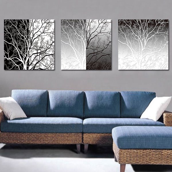 Impresión de pared artística de película de cristal de 3 piezas de árbol blanco y negro clásico 
