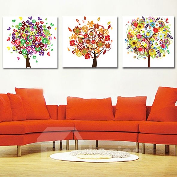 Impresión de pared artística de película de cristal de 3 piezas de árboles coloridos 