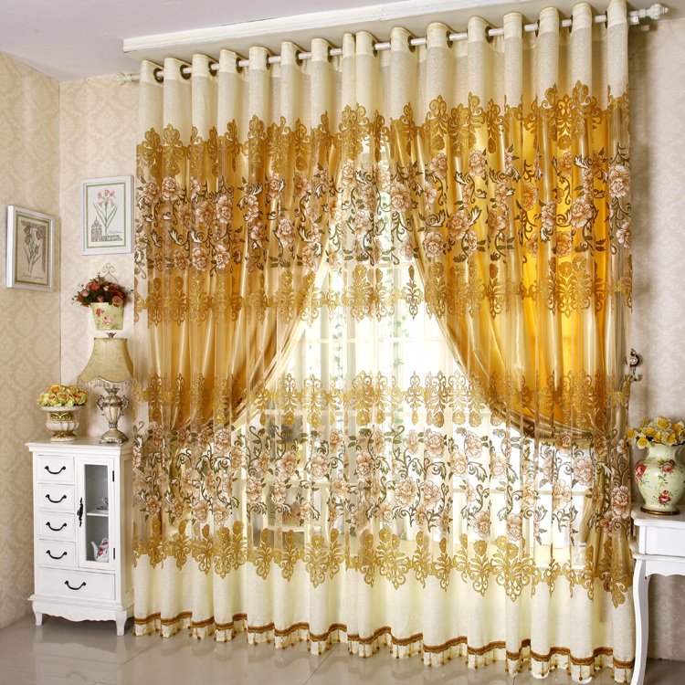 Cortinas opacas doradas de lujo para dormitorio, sala de estar, bordado de peonía, cortinas transparentes personalizadas y juego de tela de sombreado, sin pelusas, sin decoloración, sin forro 