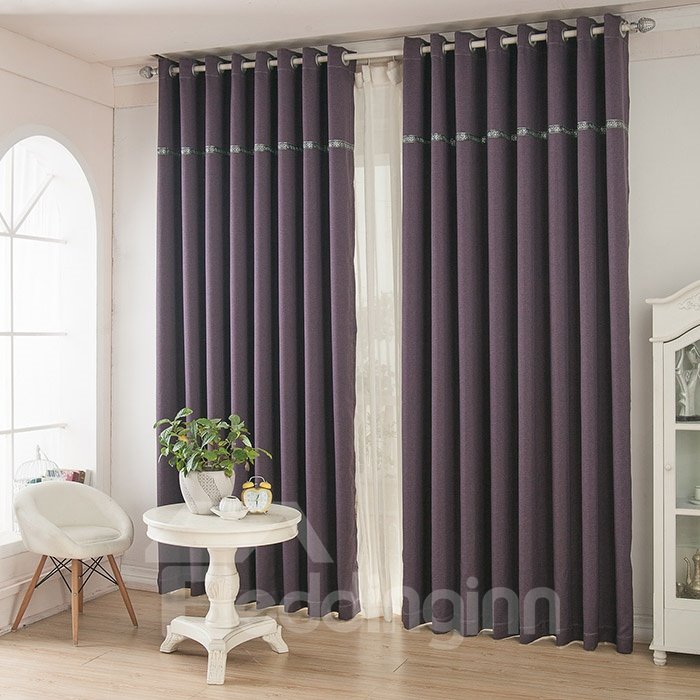 Blackout and Dust-Proof Polyester Japanese Style Solid Purple Grommet Top Curtain