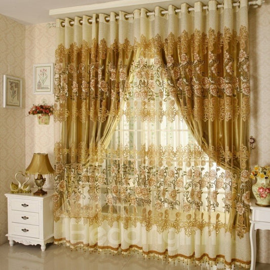 Decoración y cortina transparente personalizada de jacquard con patrón de peonías doradas de lujo transpirable (cenefa no incluida)