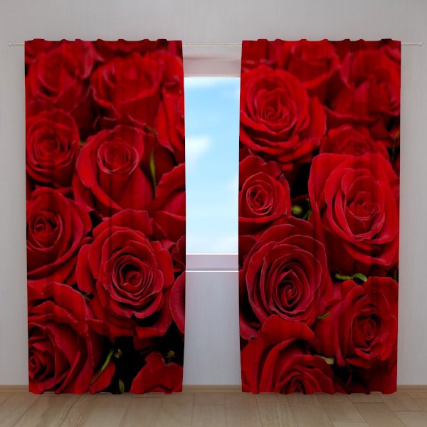 Cortina personalizada opaca de poliéster de alta calidad con estampado de rosas rojas brillantes románticas en 3D para sala de estar y dormitorio 