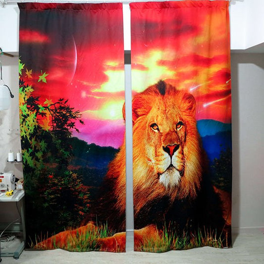 3D Ferocious Lion with Sunset Printed Thick Polyester 2 Panels Custom Curtain