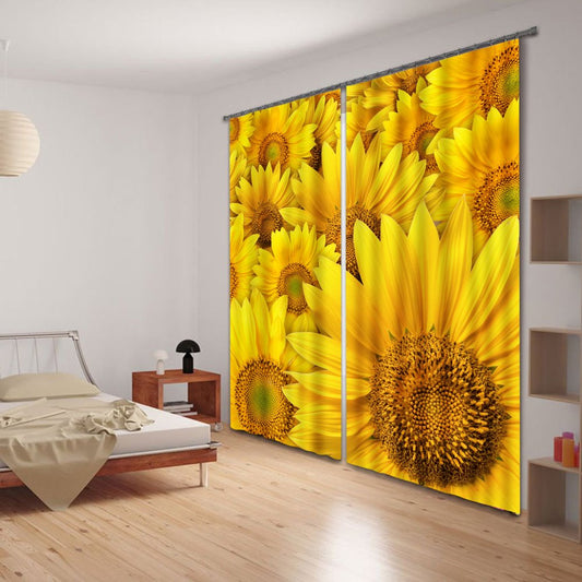 Senfgelber 3D-Vorhang mit schönen und lebendigen Sonnenblumen, bedruckt, dicker Polyester, individueller Schattierungsvorhang