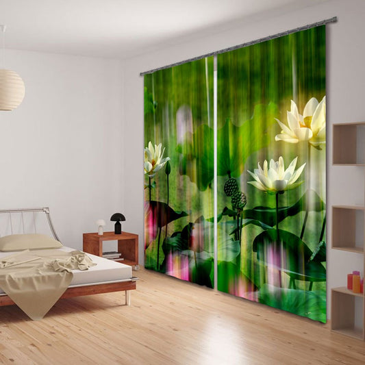 3D-Vorhang mit üppigen Blättern und Lotus bedruckt, pastoraler Stil, individueller Vorhang für das Wohnzimmer