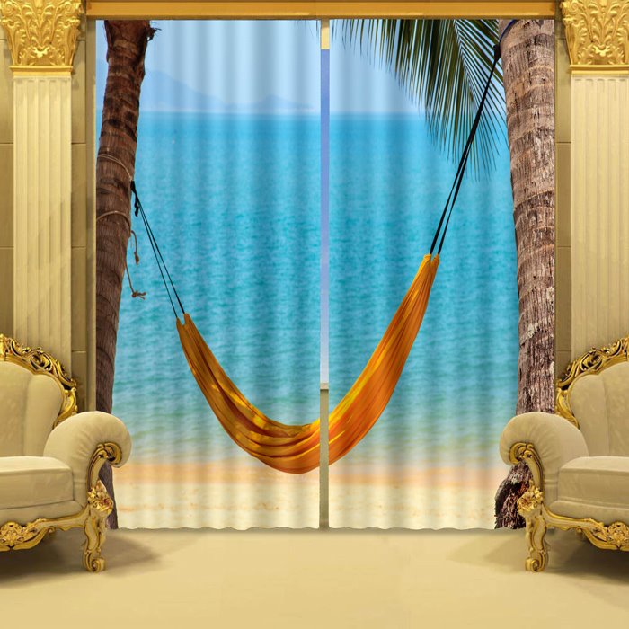 Yellow Hammock and Blue Sea Beach Scenery Decorative Custom 3D Curtain for Living Room