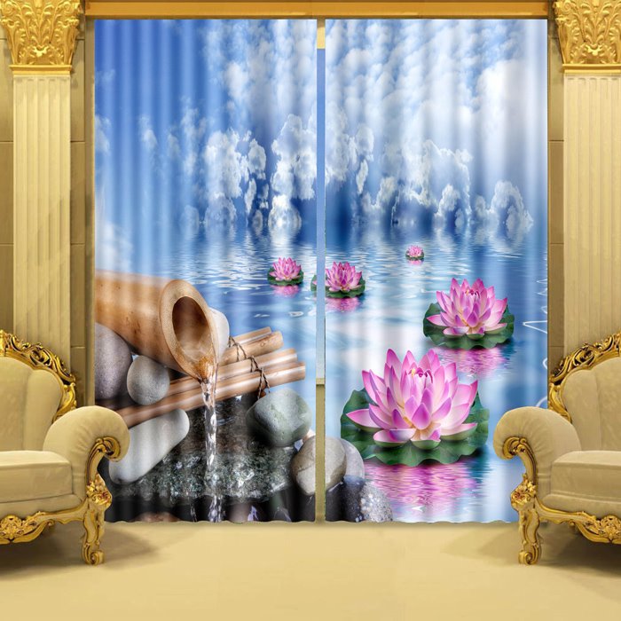 3D Wonderful Lotus Printed Thick Polyester Nature Scenery Custom Decorative Curtain